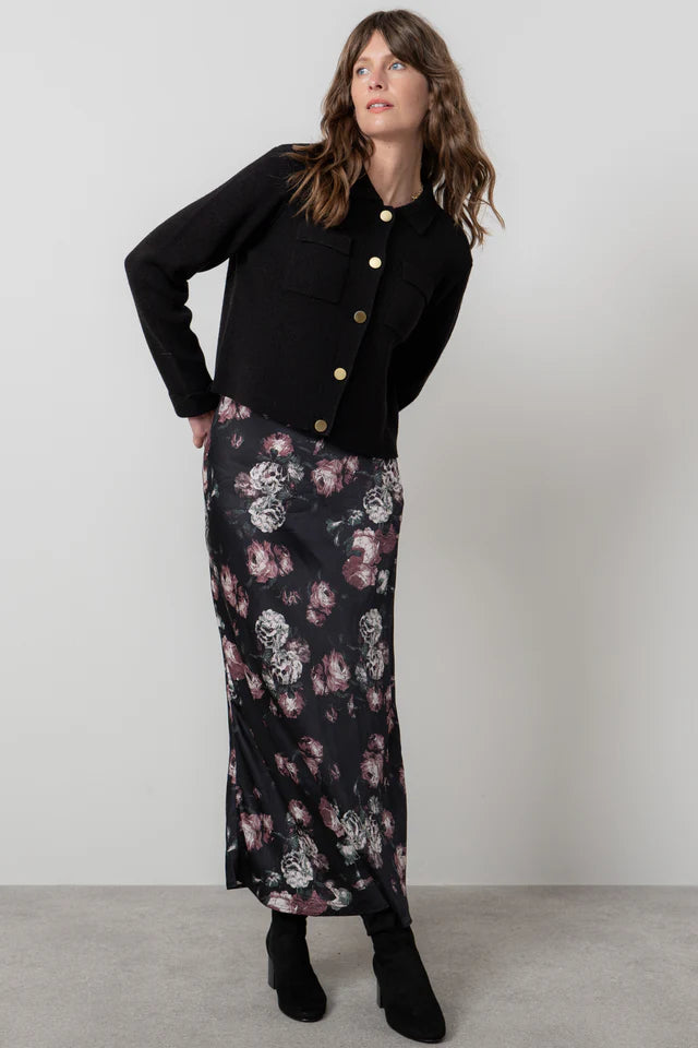 Evelyn Floral Print Satin Midi Skirt, Black