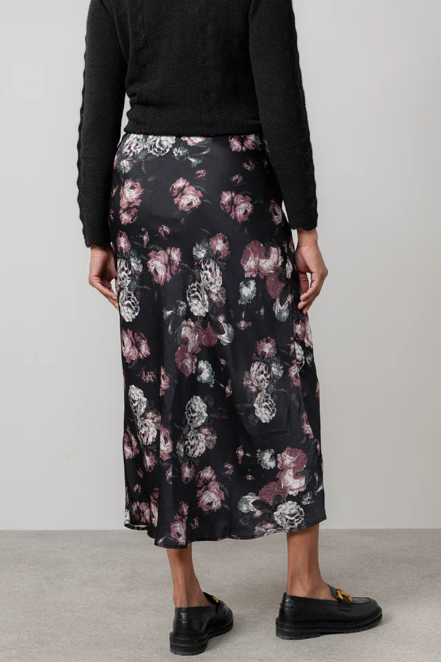 Evelyn Floral Print Satin Midi Skirt, Black