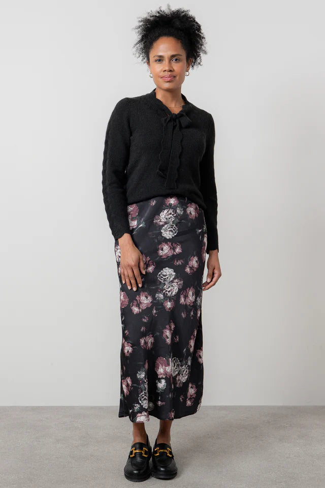 Evelyn Floral Print Satin Midi Skirt, Black
