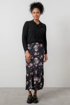 Evelyn Floral Print Satin Midi Skirt, Black
