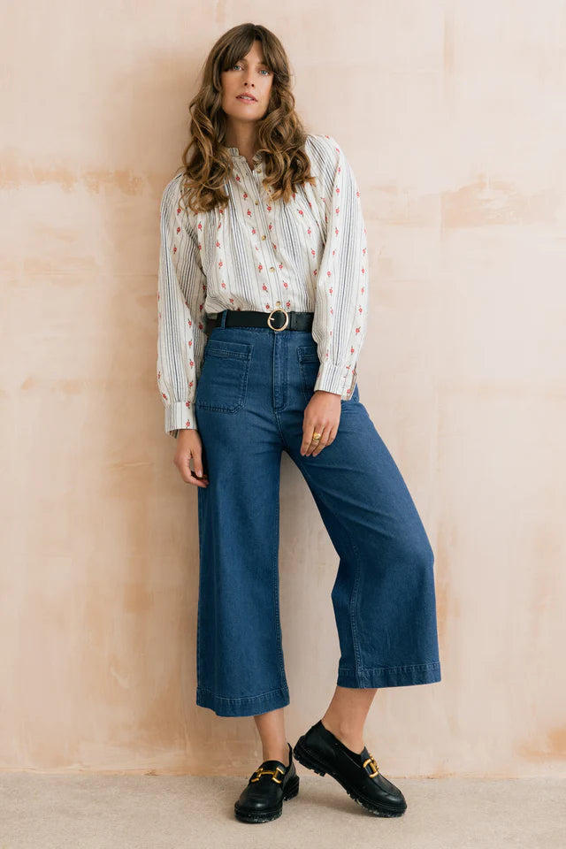 Flora Embroidered Stripe Blouse, Ecru