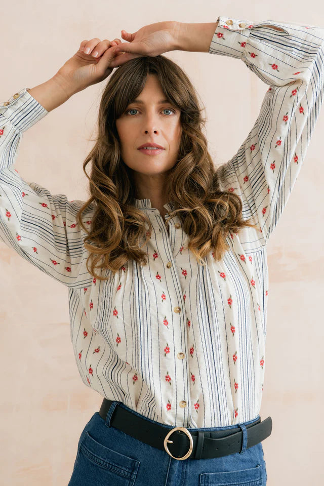 Flora Embroidered Stripe Blouse, Ecru
