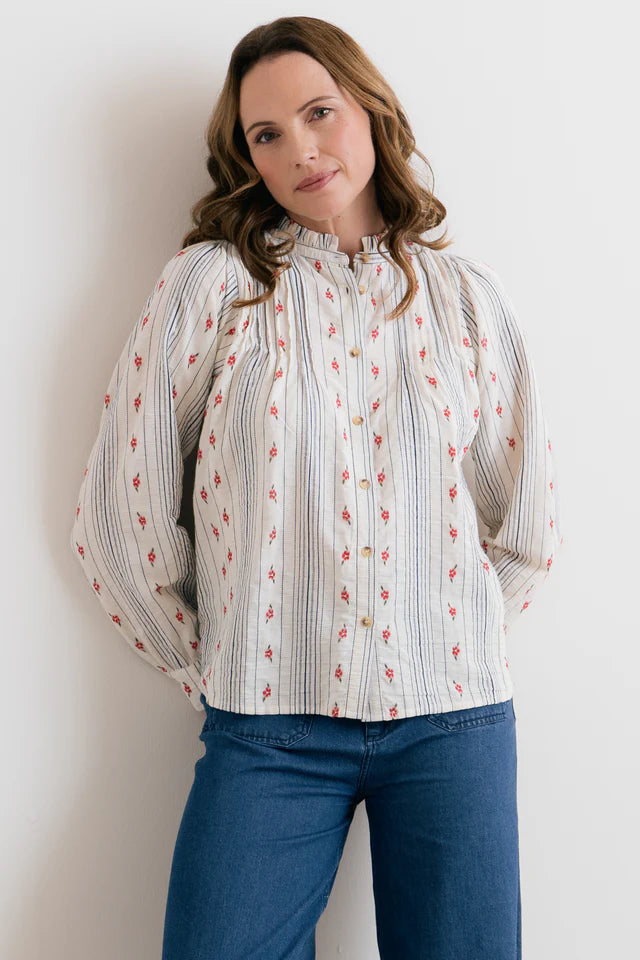 Flora Embroidered Stripe Blouse, Ecru