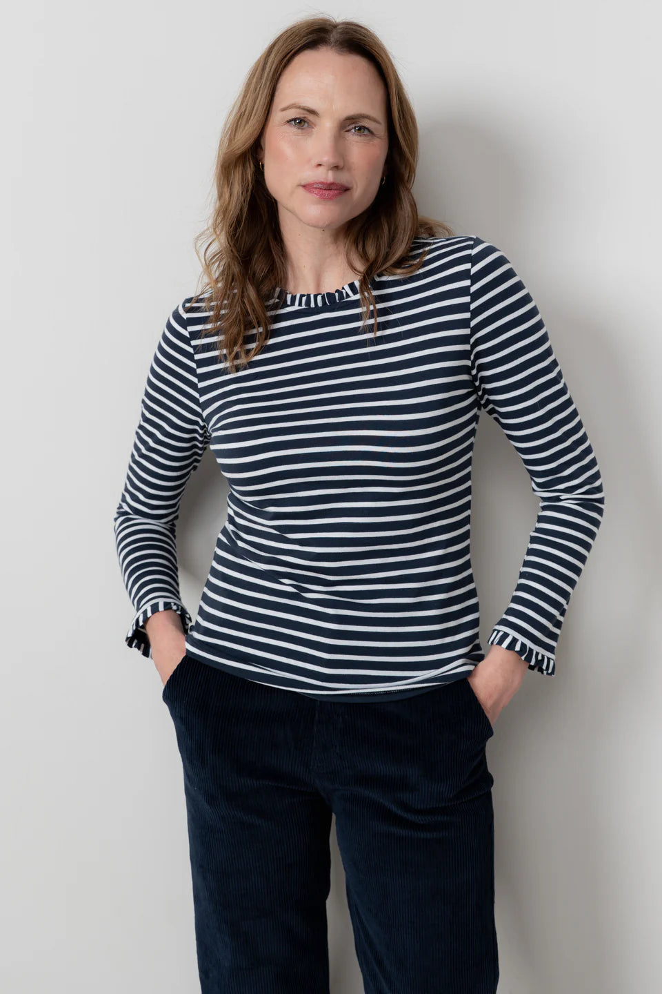 Marnie Frill Neck Striped Top, Navy