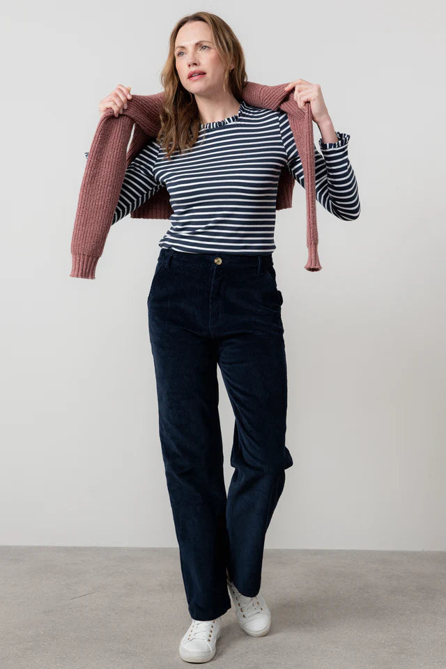 Marnie Frill Neck Striped Top, Navy