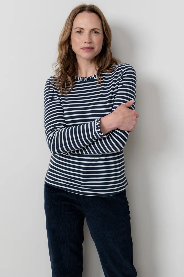 Marnie Frill Neck Striped Top, Navy