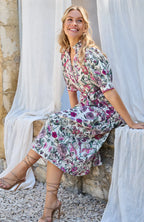 Angela Button-Fronted Midi Dress with Tiered Skirt and Tie Waist, Meadow Bloom