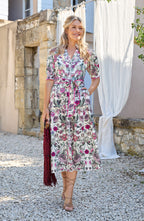 Angela Button-Fronted Midi Dress with Tiered Skirt and Tie Waist, Meadow Bloom