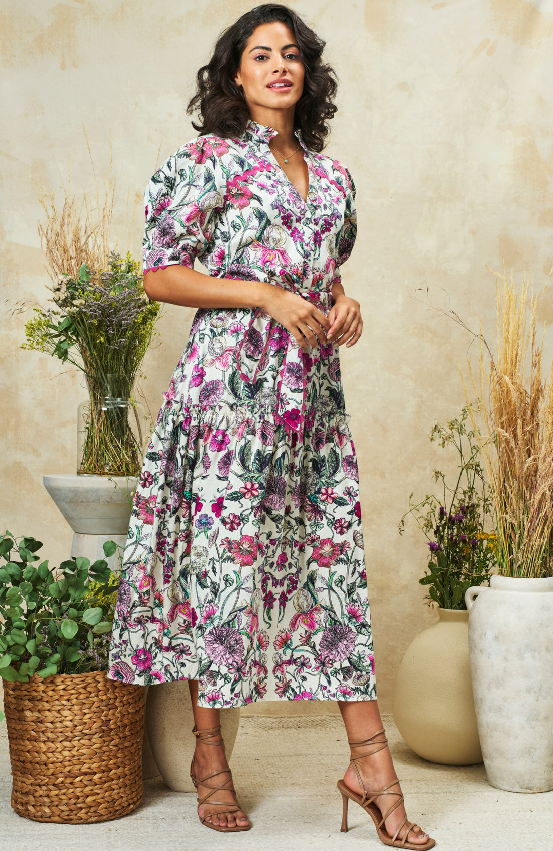 Angela Button-Fronted Midi Dress with Tiered Skirt and Tie Waist, Meadow Bloom
