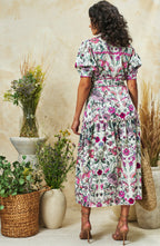 Angela Button-Fronted Midi Dress with Tiered Skirt and Tie Waist, Meadow Bloom