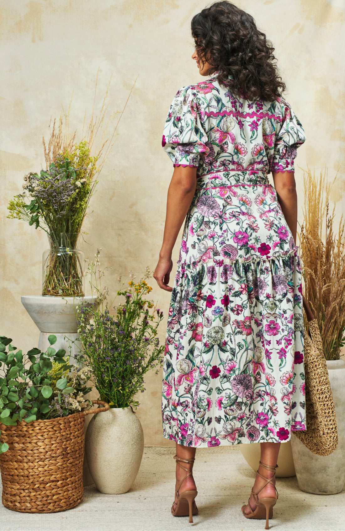 Angela Button-Fronted Midi Dress with Tiered Skirt and Tie Waist, Meadow Bloom