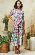 Angela Button-Fronted Midi Dress with Tiered Skirt and Tie Waist, Meadow Bloom