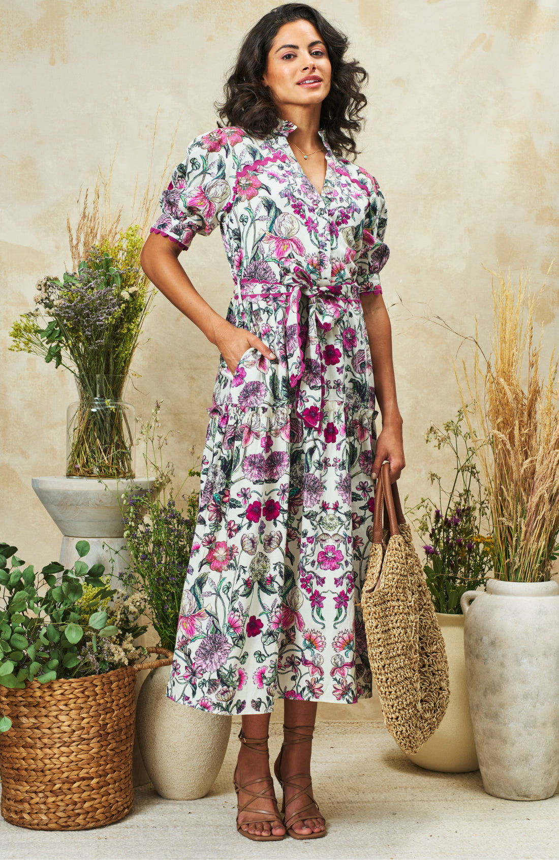 Angela Button-Fronted Midi Dress with Tiered Skirt and Tie Waist, Meadow Bloom