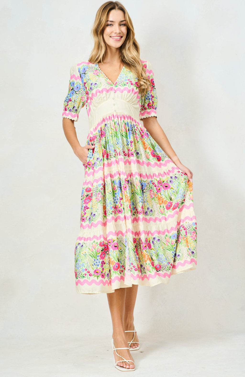 Larysa V-Neck Full-Skirt Tea Dress with Puff Sleeves, Garden Party