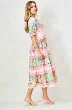 Larysa V-Neck Full-Skirt Tea Dress with Puff Sleeves, Garden Party