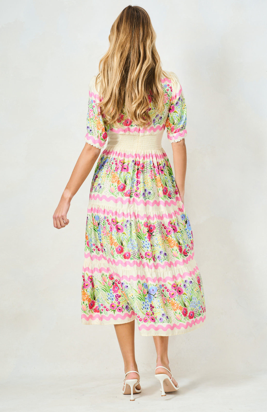 Larysa V-Neck Full-Skirt Tea Dress with Puff Sleeves, Garden Party