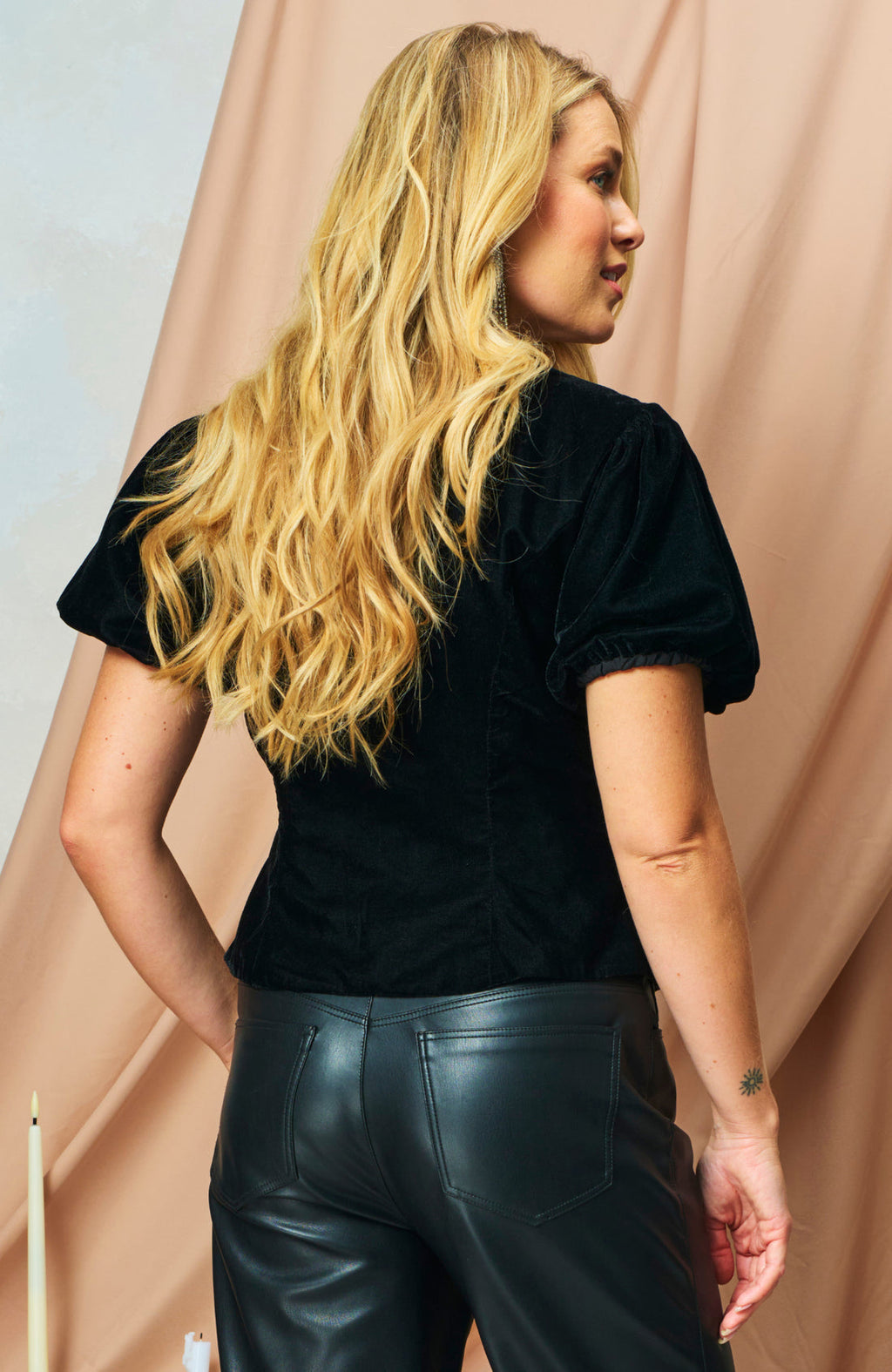 Layla Puff Sleeve V-Neck Top, Embellished Bows, Black