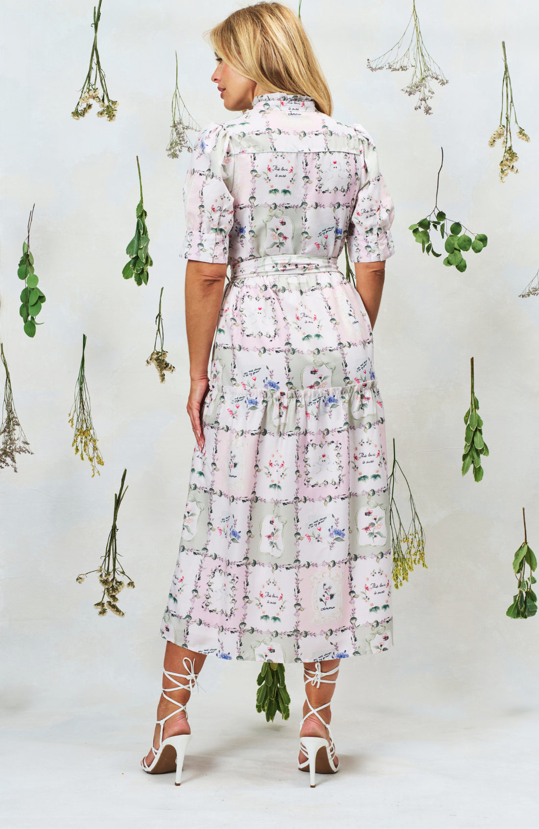 Pamela Button Front Midi Dress with Tiered Skirt and Tie Waist, Pressed Petals