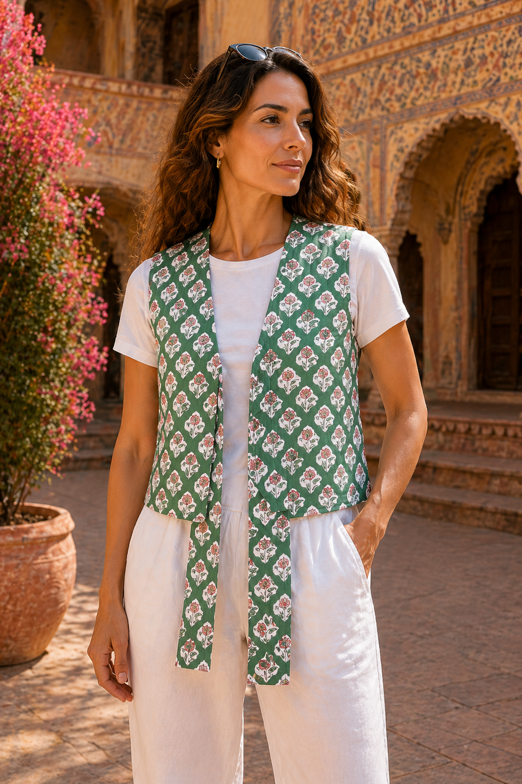 Amelia Padded Cotton Waistcoat, Olive Lotus
