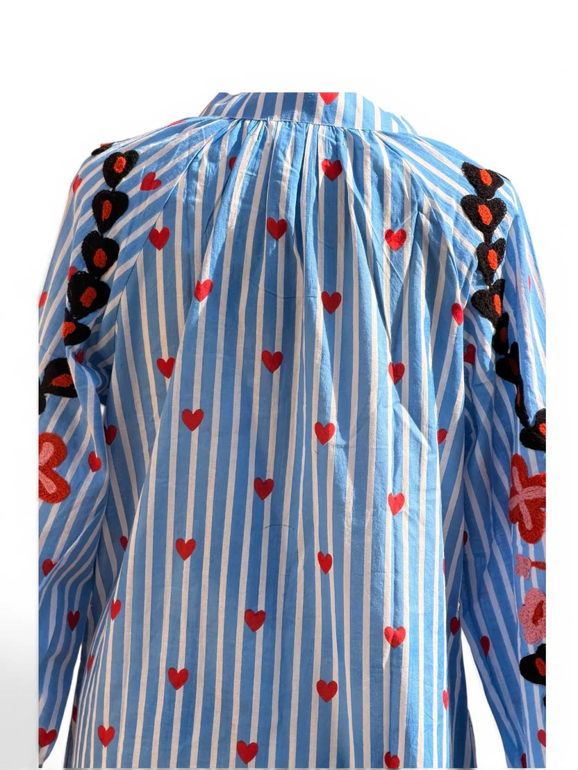 Juli Suzani Embroidered Kaftan Dress, Blue Stripe