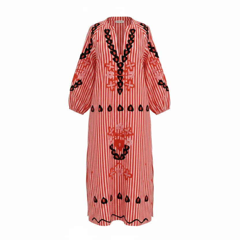 Juli Suzani Embroidered Kaftan Dress, Red Stripe