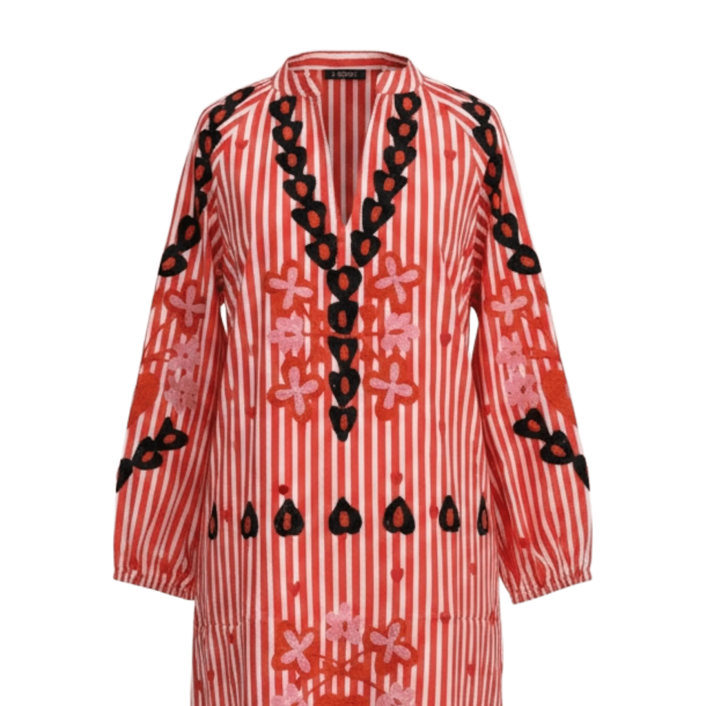 Juli Suzani Embroidered Kaftan Dress, Red Stripe