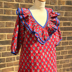 Keri Block Print Cotton Dress with Ruffle Detail, Poppy Red
