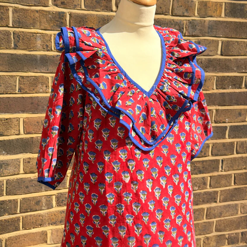 Keri Block Print Cotton Dress with Ruffle Detail, Poppy Red