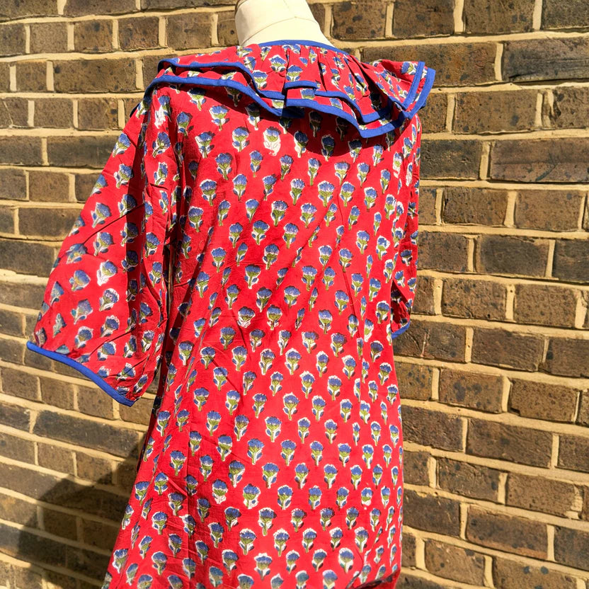 Keri Block Print Cotton Dress with Ruffle Detail, Poppy Red