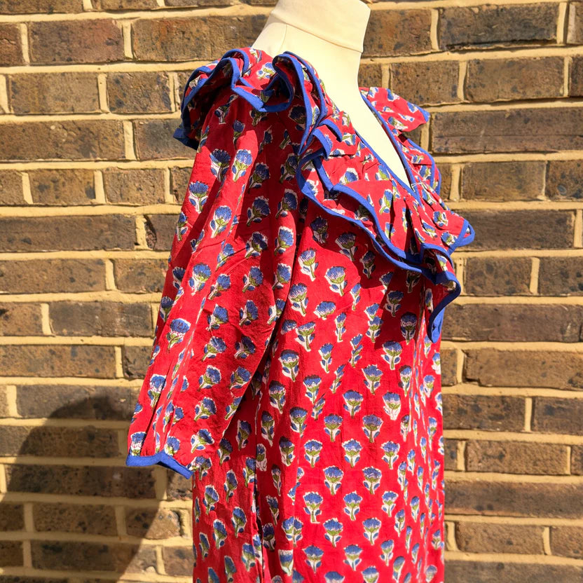Keri Block Print Cotton Dress with Ruffle Detail, Poppy Red