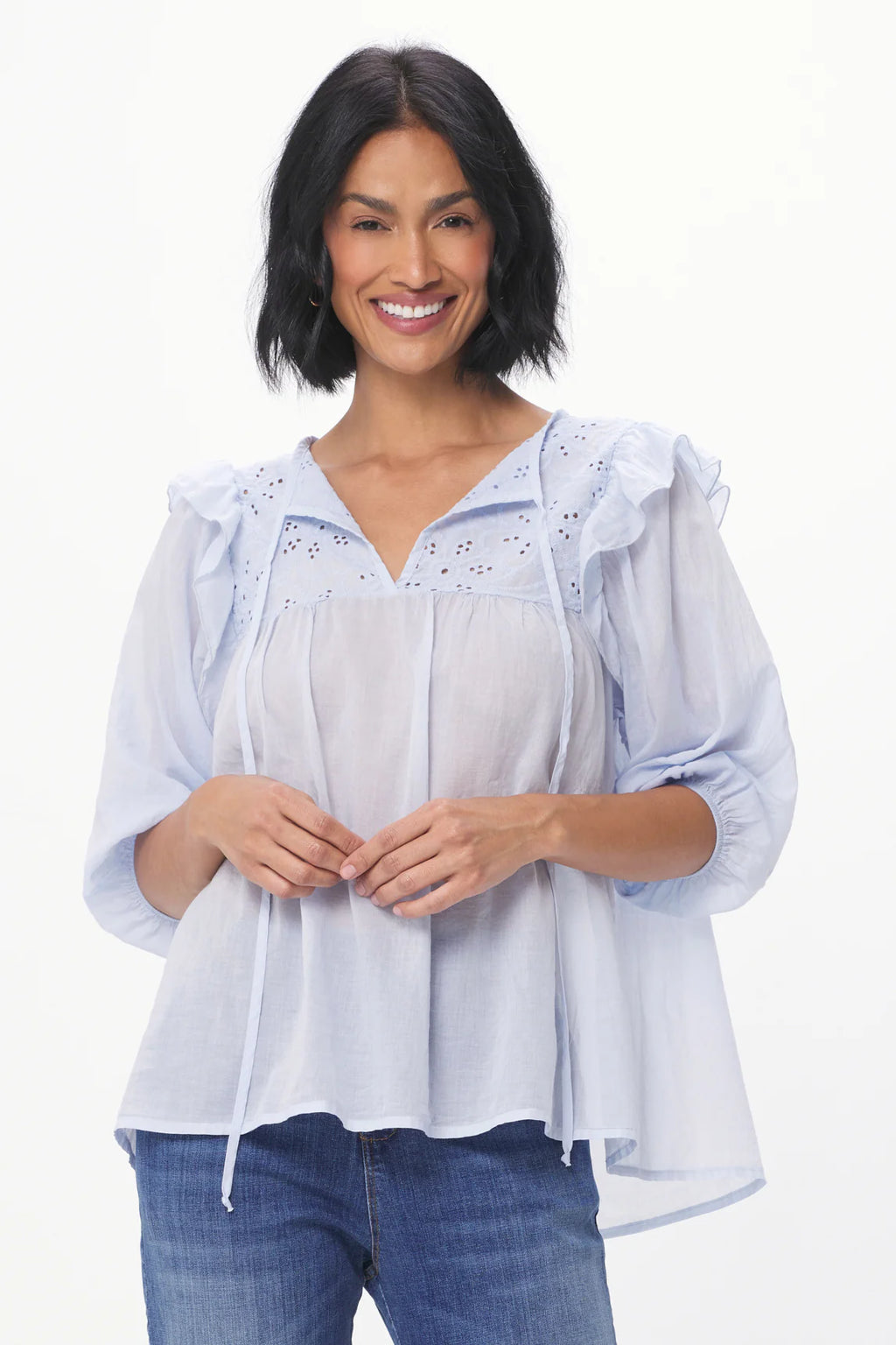Napoli Cotton Blouse with Broderie Anglaise, Powder Blue