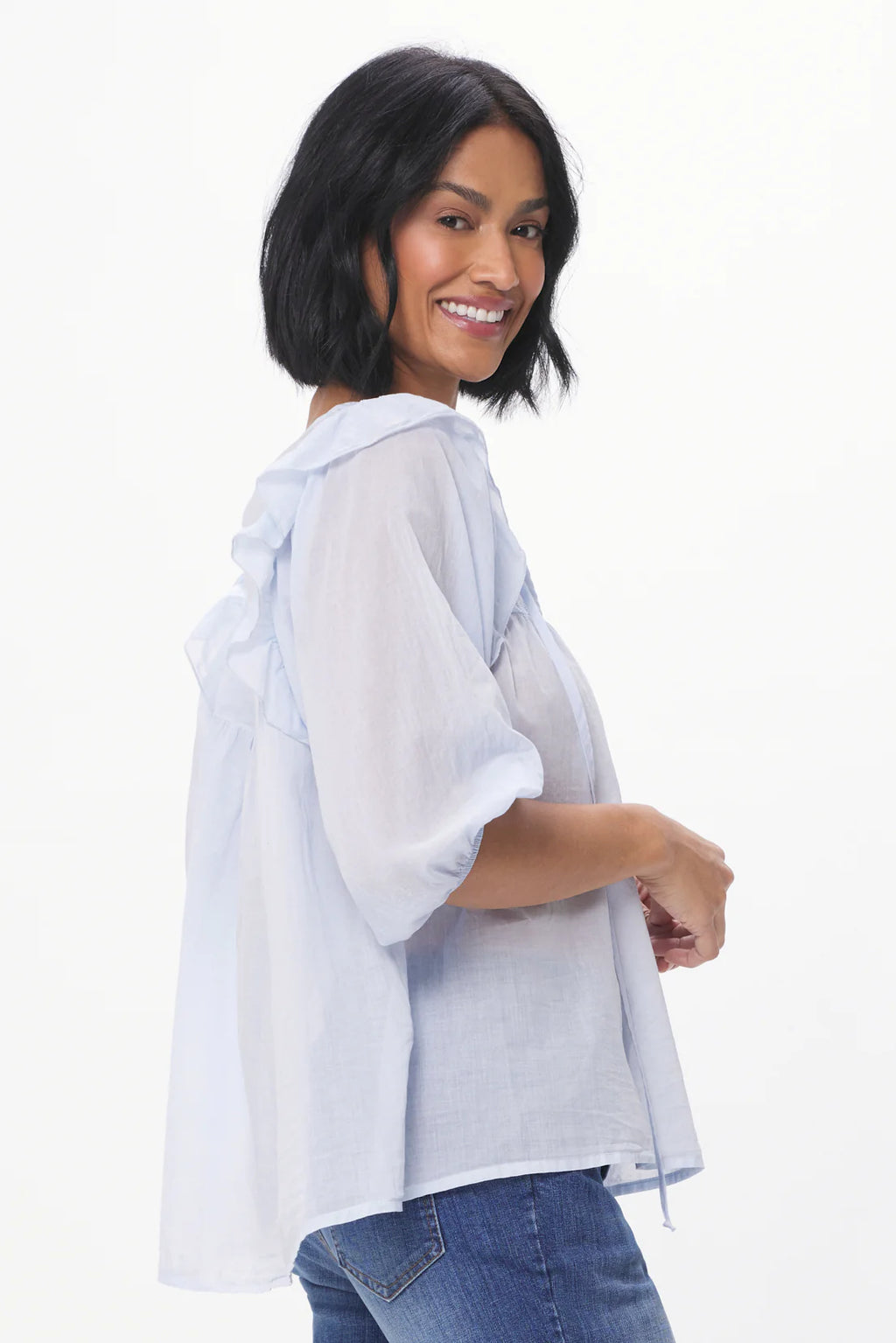 Napoli Cotton Blouse with Broderie Anglaise, Powder Blue