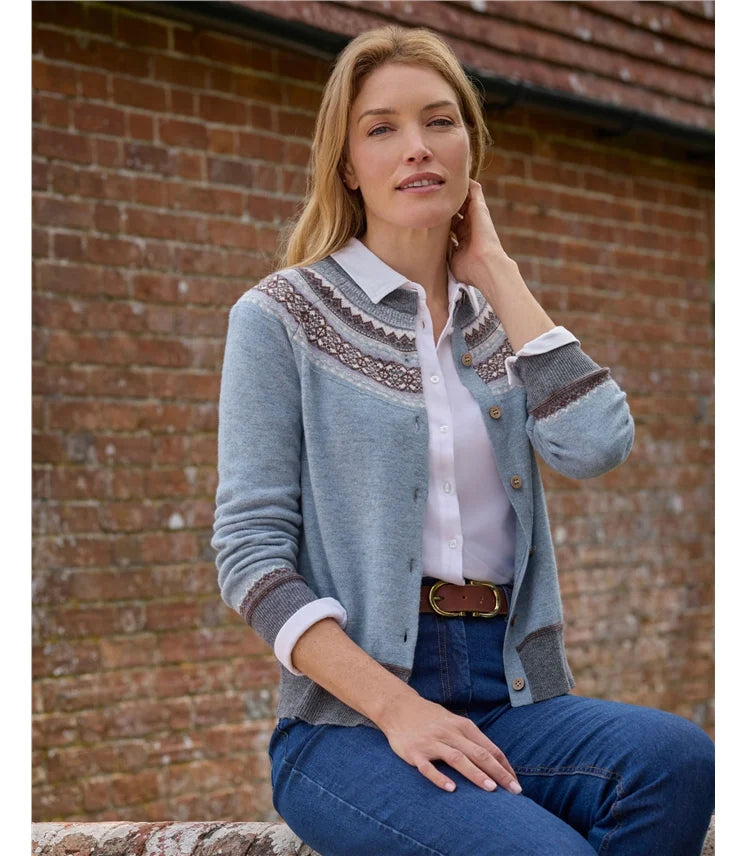 Merino Fair Isle Yoke Cardigan, Blue Multi