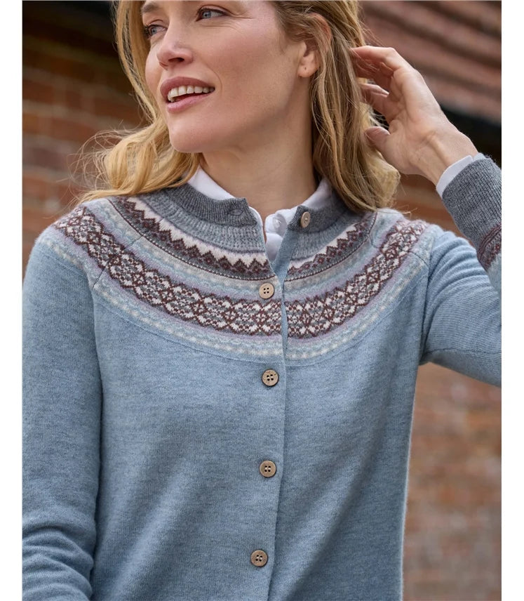 Merino Fair Isle Yoke Cardigan, Blue Multi