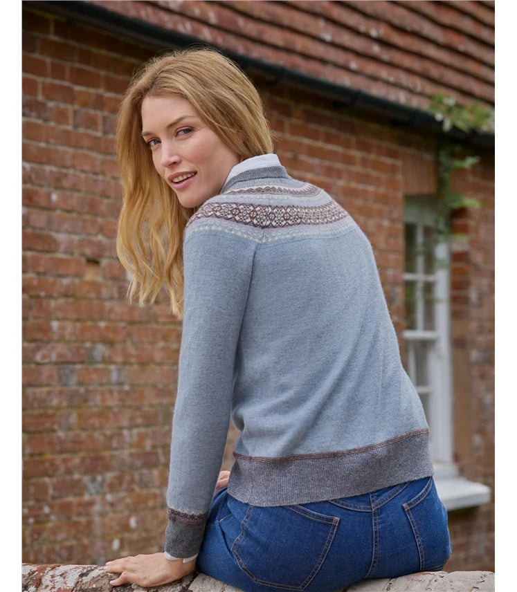 Merino Fair Isle Yoke Cardigan, Blue Multi