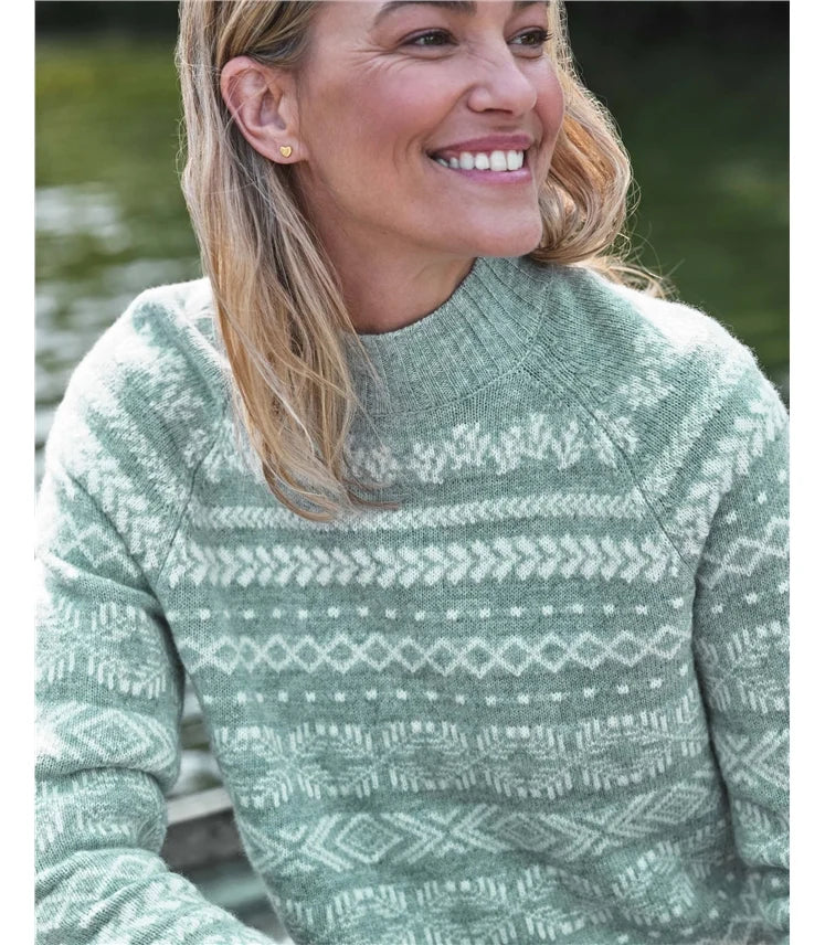 Freja Nordic Fair Isle Jumper, Sage & Cream