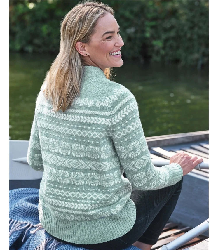 Freja Nordic Fair Isle Jumper, Sage & Cream