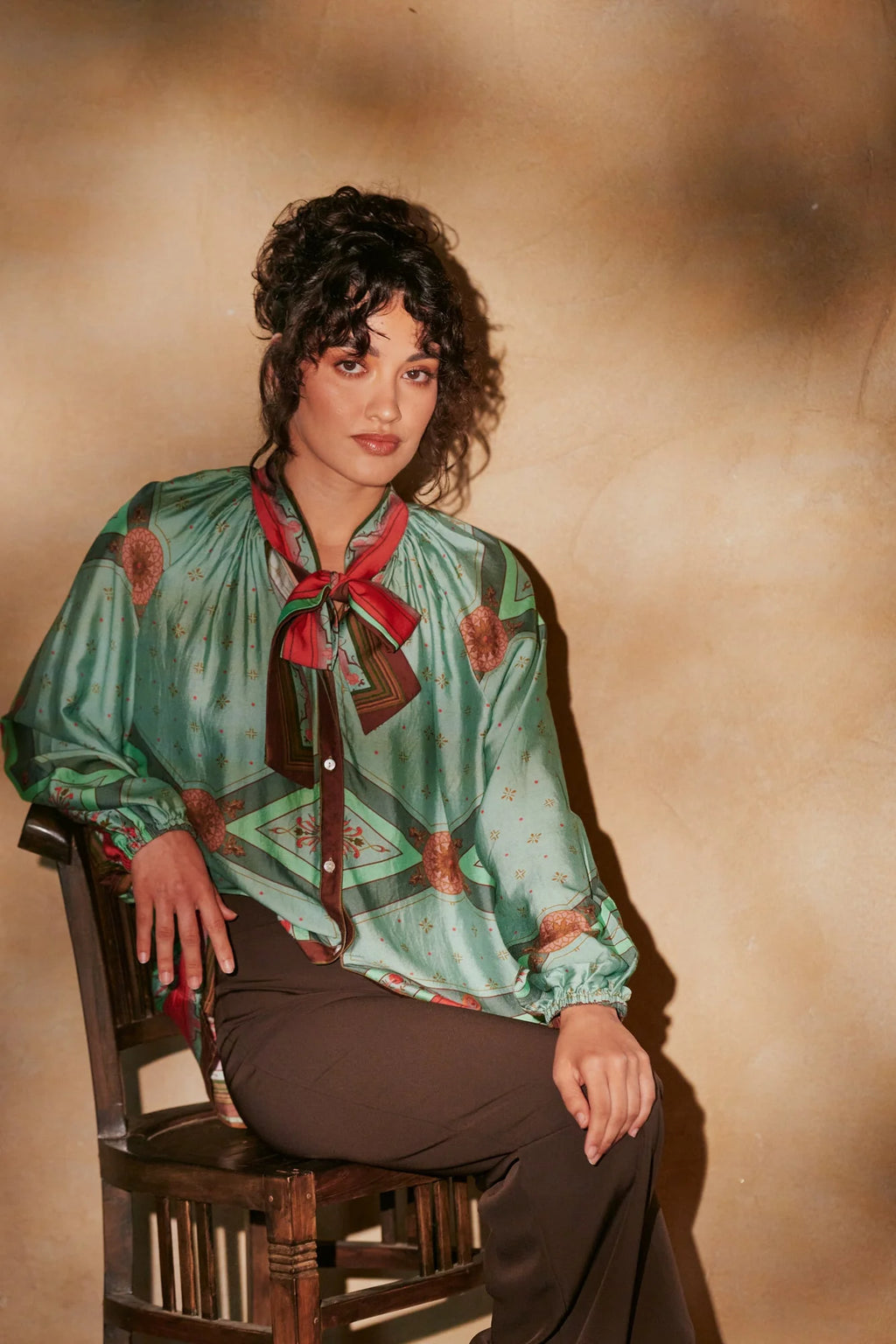 Fleur de Lys Aqua Pussybow Blouse