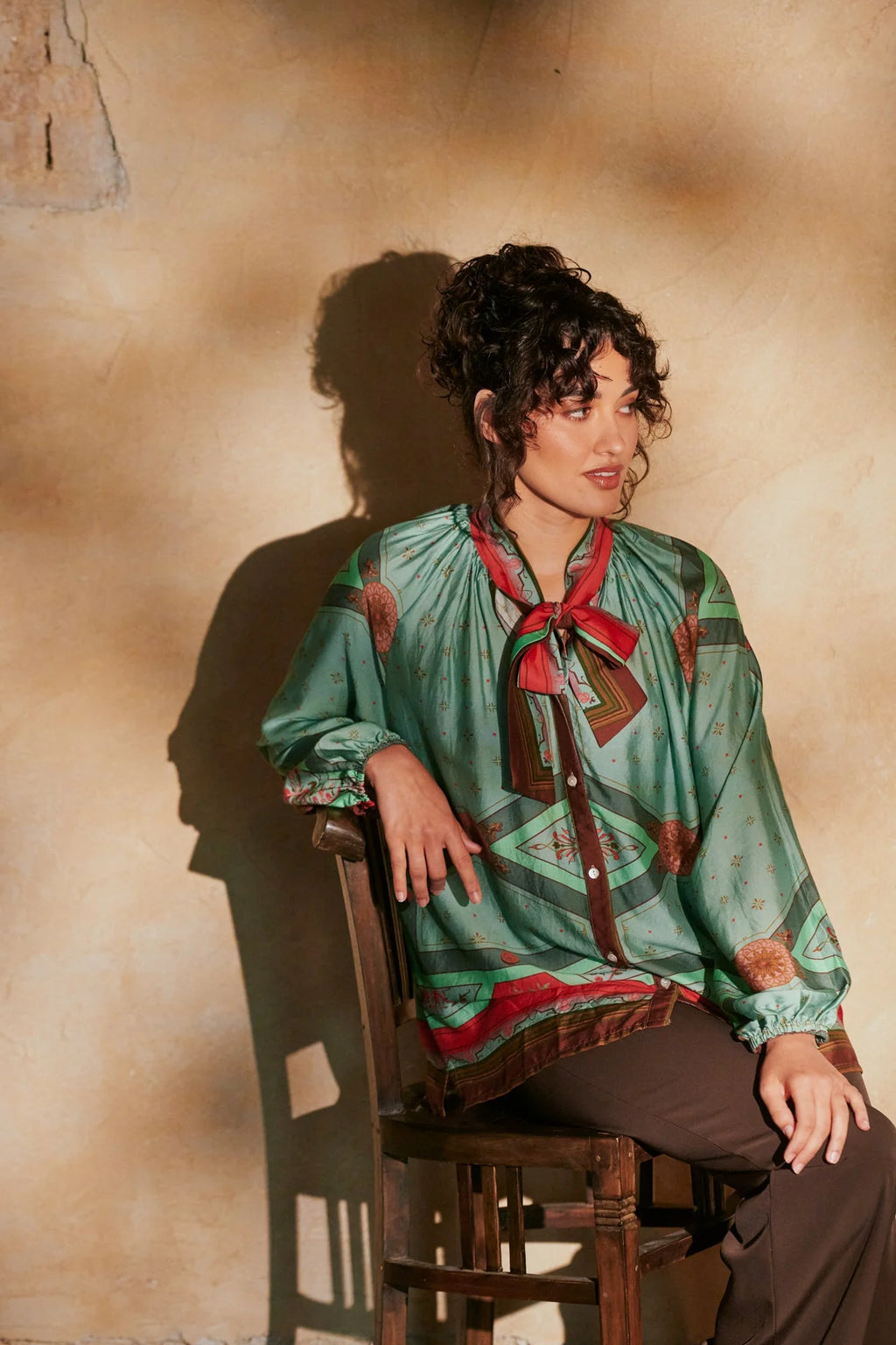 Fleur de Lys Aqua Pussybow Blouse