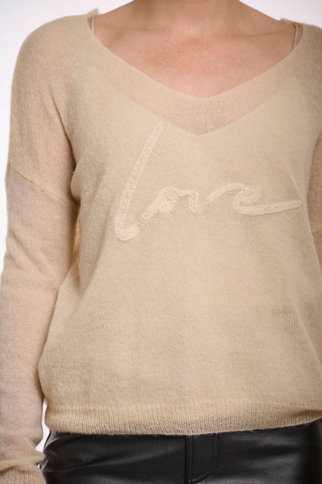 V-Neck 'Love' Embroidered Top, Cream image 2