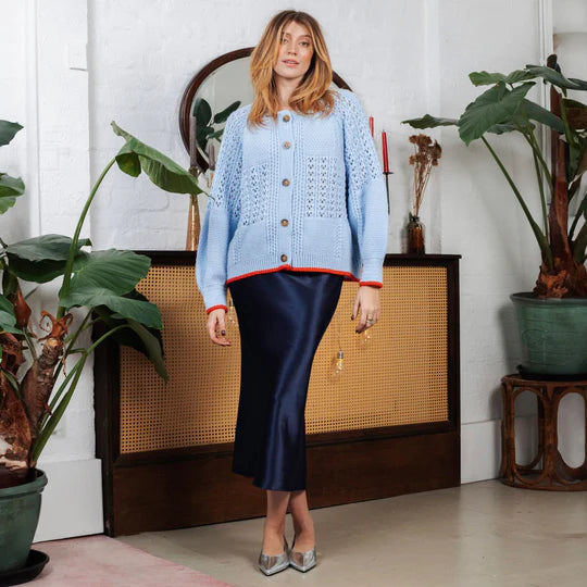 Brigit Pointelle Stitch Balloon Sleeve Cardigan, Blue image 1