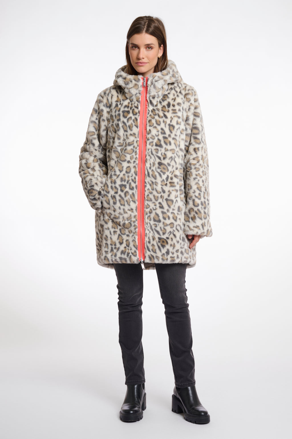 Javin Reversible Hooded Coat with Faux Fur Lining, Light Pebble and Leopard image 1