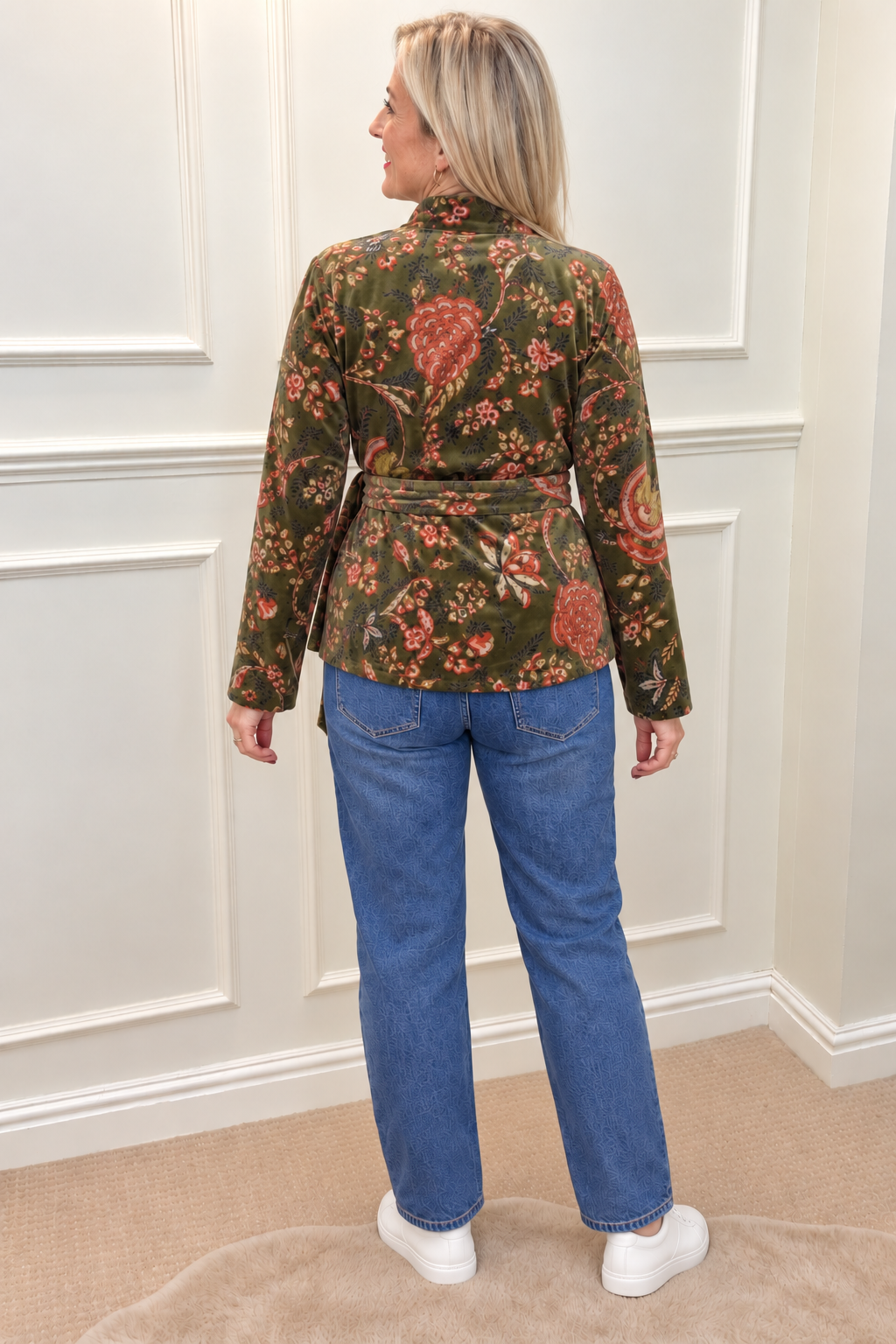 Andy Velvet Jacket in Moss Floral, back view showing the botanical velvet print and tie belt
