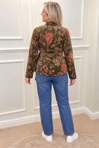 Andy Velvet Jacket in Moss Floral, back view showing the botanical velvet print and tie belt