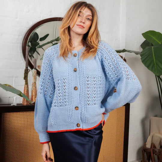 Brigit Pointelle Stitch Balloon Sleeve Cardigan, Blue image 0