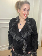 Classic Tweed Fringed Cardigan, Black image 0