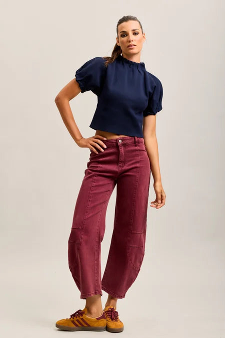 Barrel Crop Jean, Burgundy, full body front