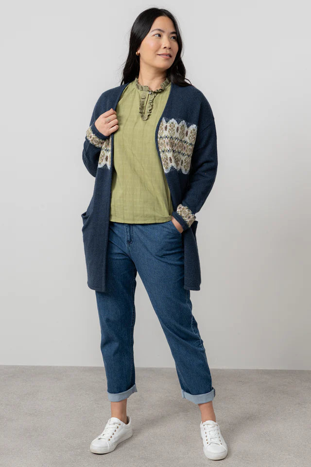 Fair Isle Longline Cardigan, Navy image 5