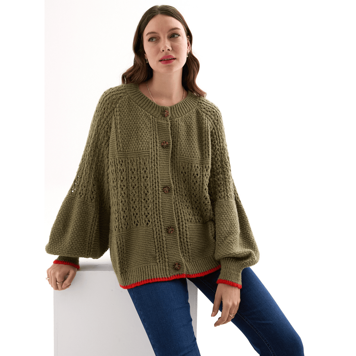 Brigit Chunky Knit Cardigan, Khaki