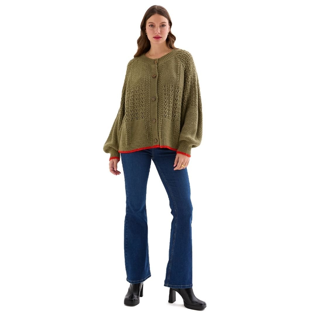 Brigit Chunky Knit Cardigan, Khaki